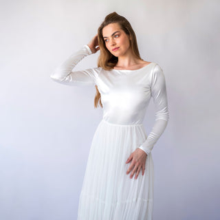 Open Back Ivory Long Sleeves Romantic wedding dress,Boat neckline, Satin Top and Chiffon Mesh Skirt Vintage Style  #1451 Blushfashion