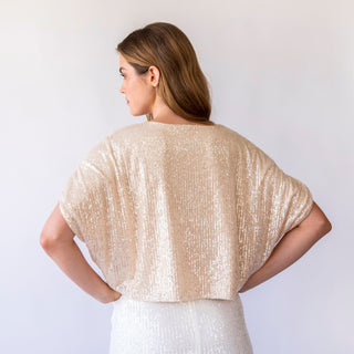 Oversize Champagne cropped top sequins evening top with V neckline #2069 Blushfashion