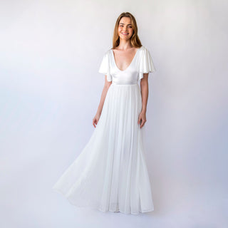 Satin Ivory Flutter Sleeves Romantic Wedding dress , Chiffon mesh Skirt Vintage Style  #1450 Blushfashion