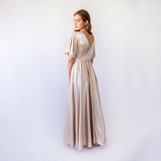 Satin Wrap Neckline Champagne Dress, with Flutter Short lace sleeves, Maxi length Evening Gown #1453 Blushfashion