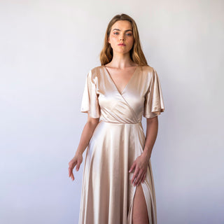 Satin Wrap Neckline Champagne Dress, with Flutter Short lace sleeves, Maxi length Evening Gown #1453 Blushfashion