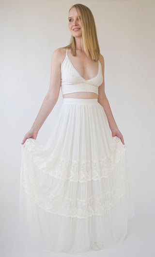Romantic style Gipsy Bridal chiffon mesh skirt with insert vintage lace trims #3041 skirts Custom Order Blushfashion
