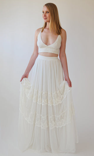 Romantic style Gipsy Bridal chiffon mesh skirt with insert vintage lace trims #3041 skirts Blushfashion