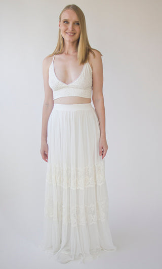 Romantic style Gipsy Bridal chiffon mesh skirt with insert vintage lace trims #3041 skirts Blushfashion