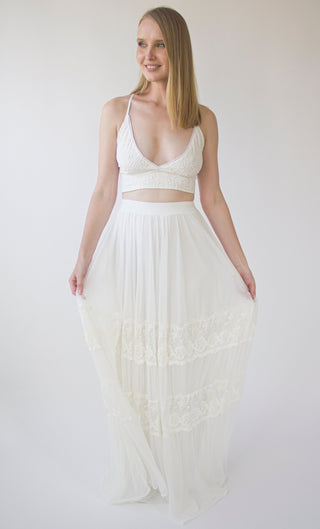 Romantic style Gipsy Bridal chiffon mesh skirt with insert vintage lace trims #3041 skirts Blushfashion