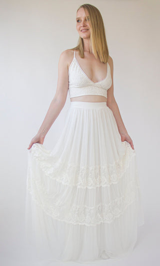 Romantic style Gipsy Bridal chiffon mesh skirt with insert vintage lace trims #3041 skirts Blushfashion