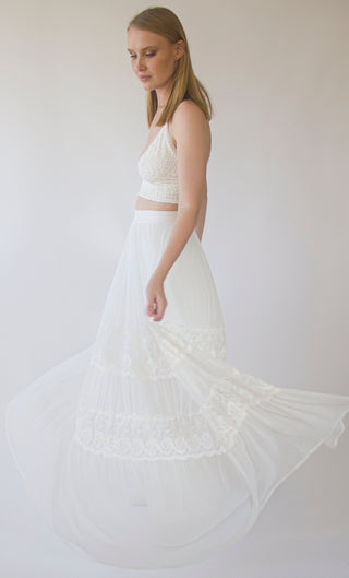 Romantic style Gipsy Bridal chiffon mesh skirt with insert vintage lace trims #3041 skirts Blushfashion