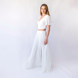 Chic and Comfortable White Boho Crop Top with Deep V-Neck and Short Flutter Sleeves, Bridal romantic top with butterfly sleeves. #2070 Tops Blushfashion