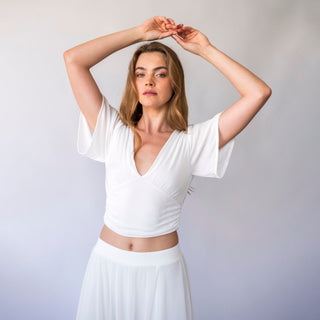 Chic and Comfortable White Boho Crop Top with Deep V-Neck and Short Flutter Sleeves, Bridal romantic top with butterfly sleeves. #2070 Tops Blushfashion