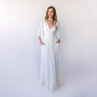 Vintage Angel Sleeves V Neckline, Bohemian Wedding Dress with Pockets  #1467 Blushfashion