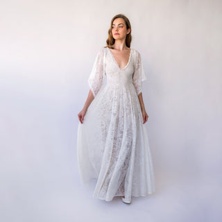Vintage Style Open Back, Deep V Neckline Angel Sleeves Bohemian Pearly White Wedding Dress #1468 Blushfashion