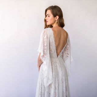 Vintage Style Open Back, Deep V Neckline Angel Sleeves Bohemian Pearly White Wedding Dress #1468 Blushfashion
